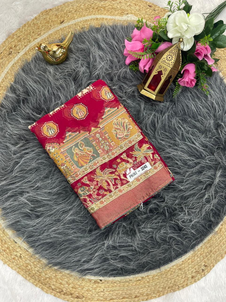 PRINT-3240 BRASSO FABRIC SAREEE WITH FOIL WORK AND DMC SIROSKI WORK ON BORDER WITH BEAUTIFUL PRINT WITH BLOUSE