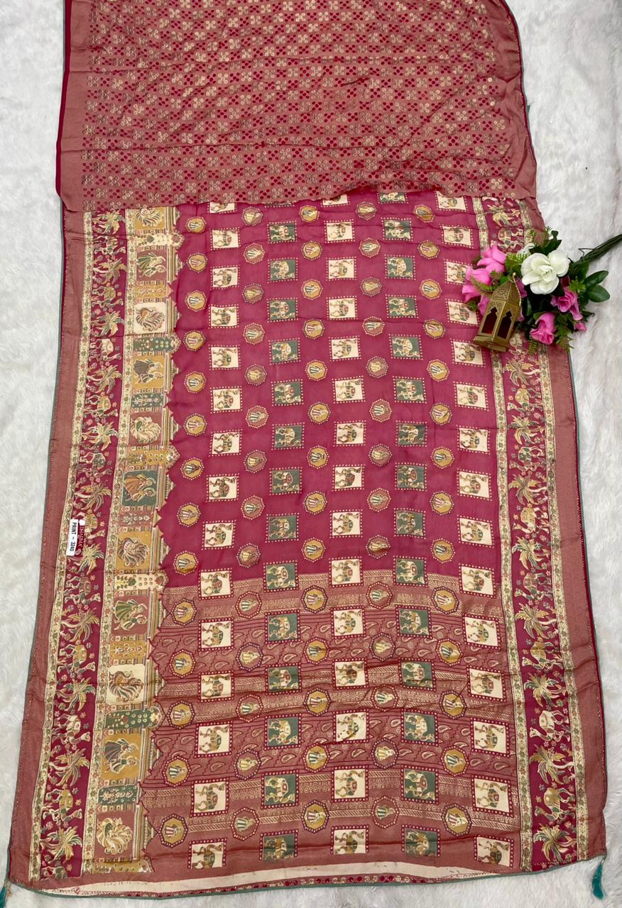 PRINT-3240 BRASSO FABRIC SAREEE WITH FOIL WORK AND DMC SIROSKI WORK ON BORDER WITH BEAUTIFUL PRINT WITH BLOUSE
