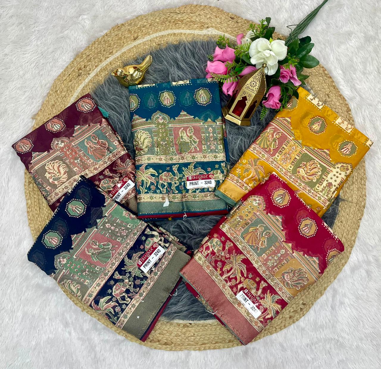 PRINT-3240 BRASSO FABRIC SAREEE WITH FOIL WORK AND DMC SIROSKI WORK ON BORDER WITH BEAUTIFUL PRINT WITH BLOUSE