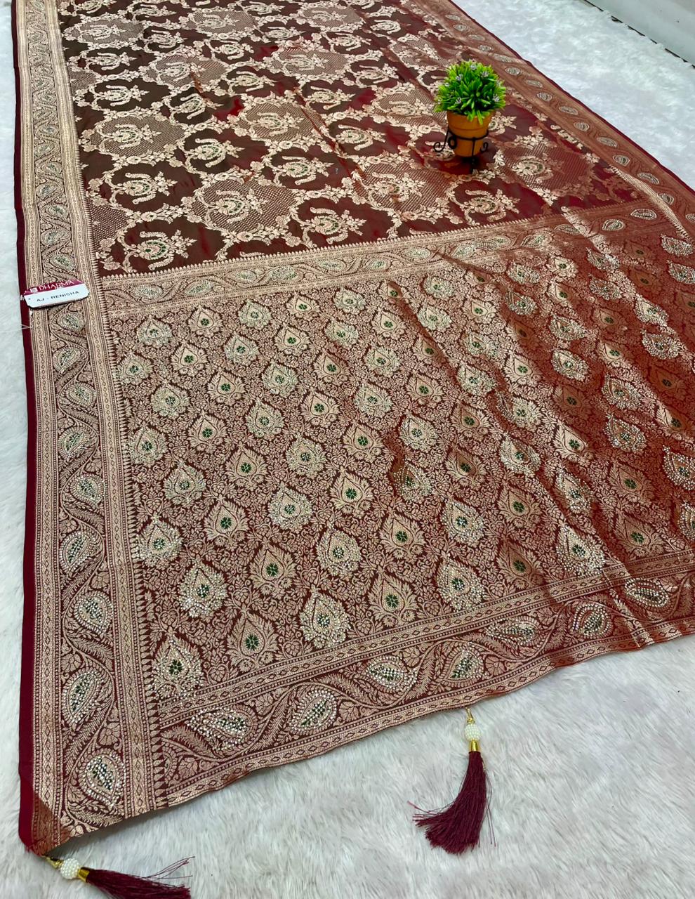 AJ-RENISHA  SOFT SILK FABRIC SAREE WITH BEAUTIFUL DESIGN WITH HEAVY SIROSKI WORK ON SAREE AND LUXURY TASSELS WITH BUTTI BLOUSE