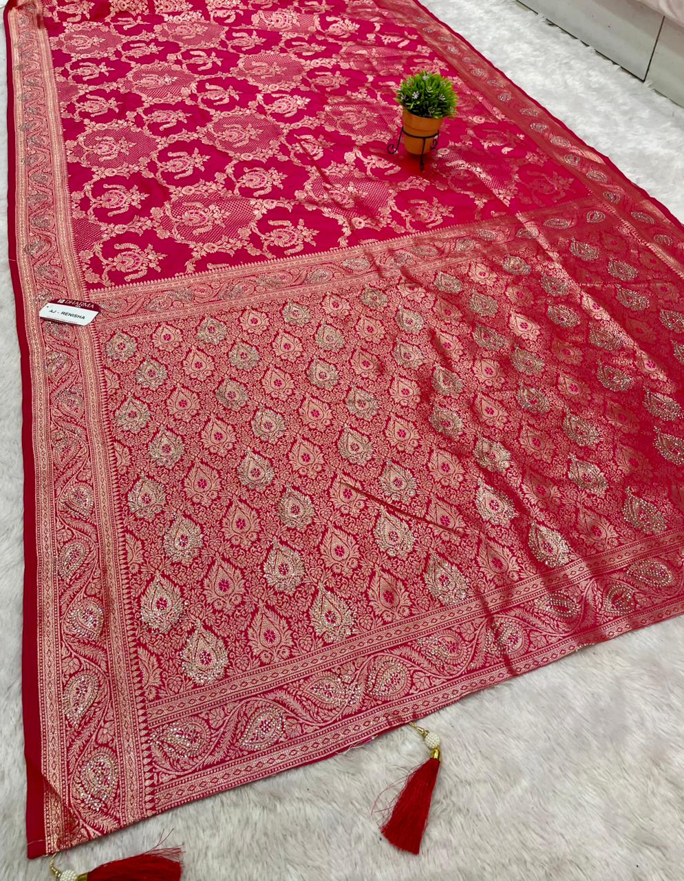 AJ-RENISHA  SOFT SILK FABRIC SAREE WITH BEAUTIFUL DESIGN WITH HEAVY SIROSKI WORK ON SAREE AND LUXURY TASSELS WITH BUTTI BLOUSE
