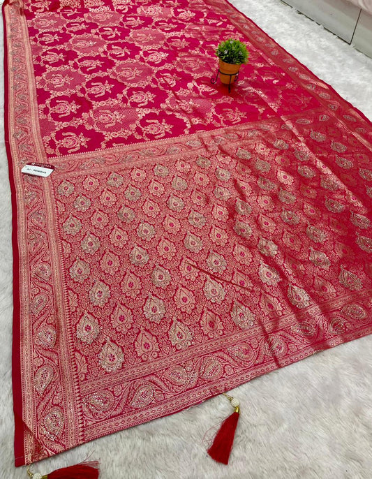 AJ-RENISHA  SOFT SILK FABRIC SAREE WITH BEAUTIFUL DESIGN WITH HEAVY SIROSKI WORK ON SAREE AND LUXURY TASSELS WITH BUTTI BLOUSE