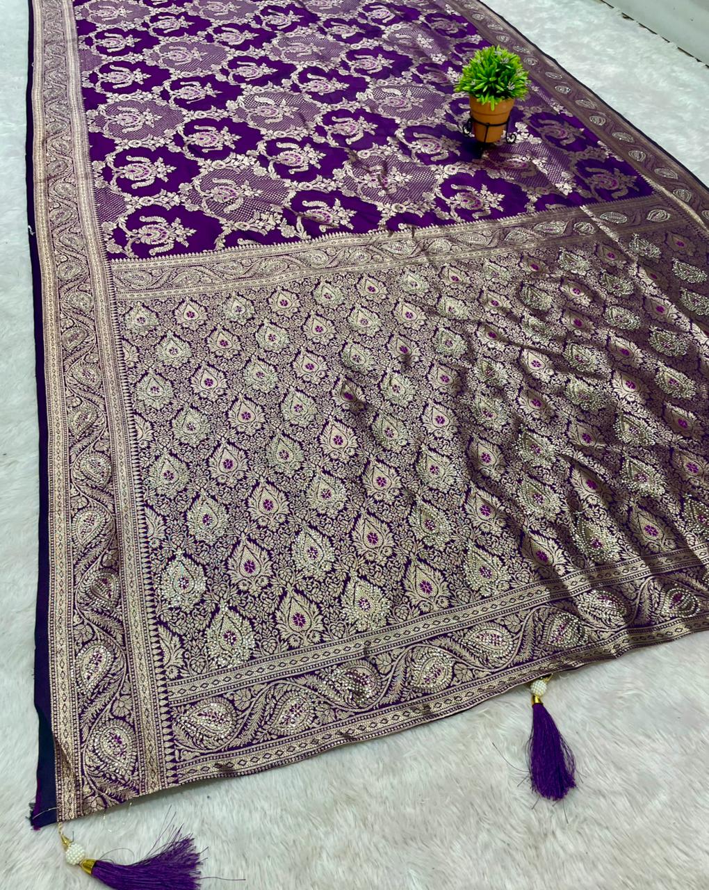 AJ-RENISHA  SOFT SILK FABRIC SAREE WITH BEAUTIFUL DESIGN WITH HEAVY SIROSKI WORK ON SAREE AND LUXURY TASSELS WITH BUTTI BLOUSE