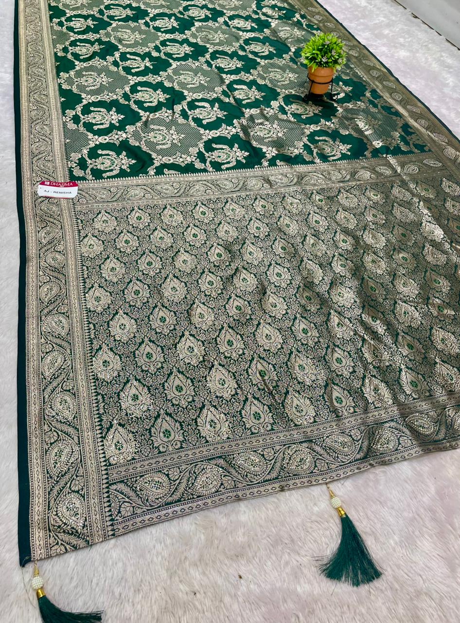 AJ-RENISHA  SOFT SILK FABRIC SAREE WITH BEAUTIFUL DESIGN WITH HEAVY SIROSKI WORK ON SAREE AND LUXURY TASSELS WITH BUTTI BLOUSE