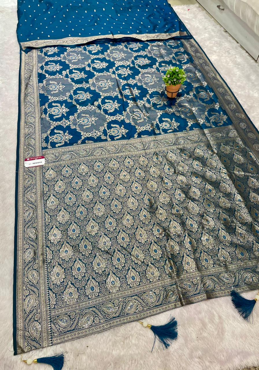 AJ-RENISHA  SOFT SILK FABRIC SAREE WITH BEAUTIFUL DESIGN WITH HEAVY SIROSKI WORK ON SAREE AND LUXURY TASSELS WITH BUTTI BLOUSE