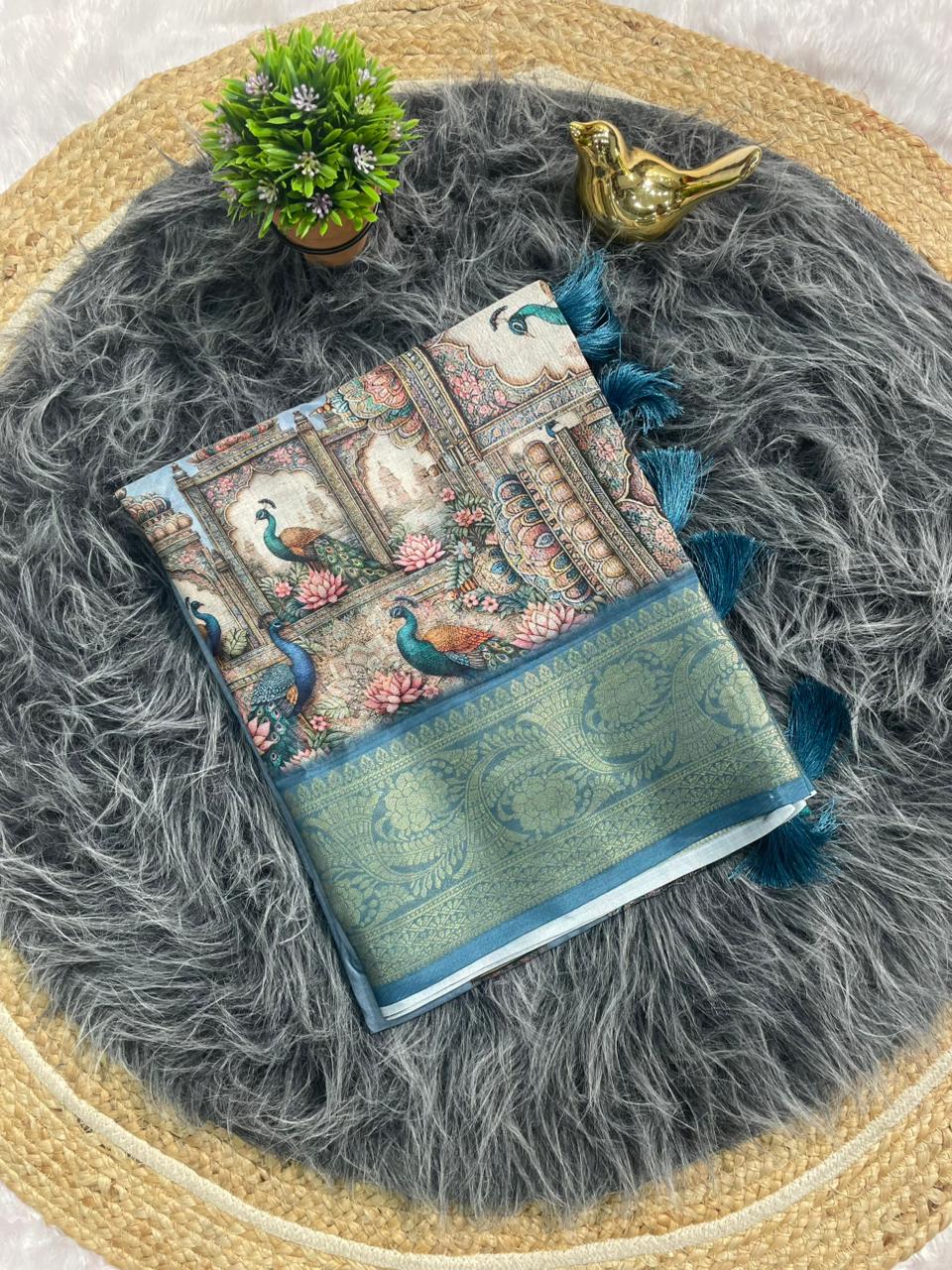 DP-4053  MAL COTTON FABRIC SAREE WITH OPEN PALLU DESIGN WITH BEAUTIFUYL DIGITAL PRINT DESIGN WITH BRAUTIFUL PEACOCK DESIGN WITH JACAURD BORDER