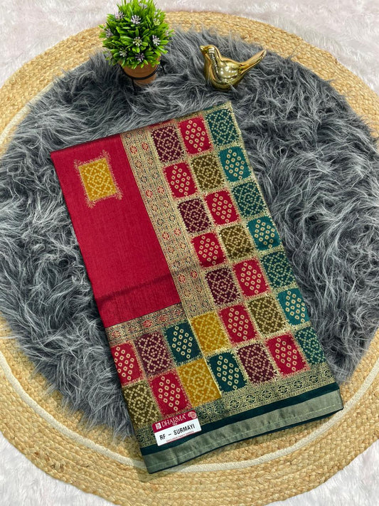 RF-SURMAYI FANCY FABRIC WITH BANDANI PRINT WITH FOIL WORK WITH PREMIUM COTTON FEEL WITH WORK BLOUSE