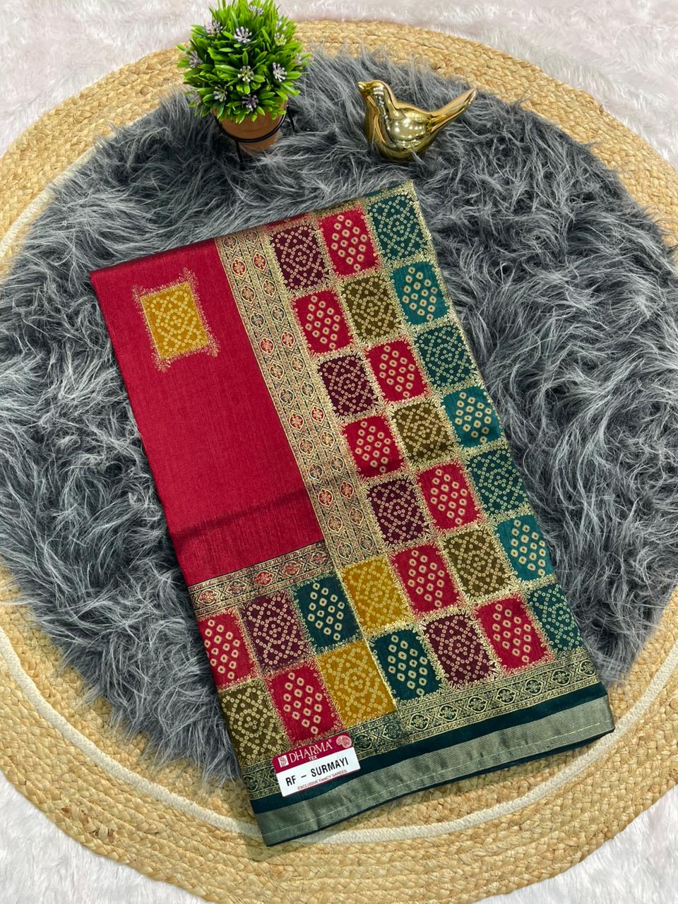 RF-SURMAYI FANCY FABRIC WITH BANDANI PRINT WITH FOIL WORK WITH PREMIUM COTTON FEEL WITH WORK BLOUSE