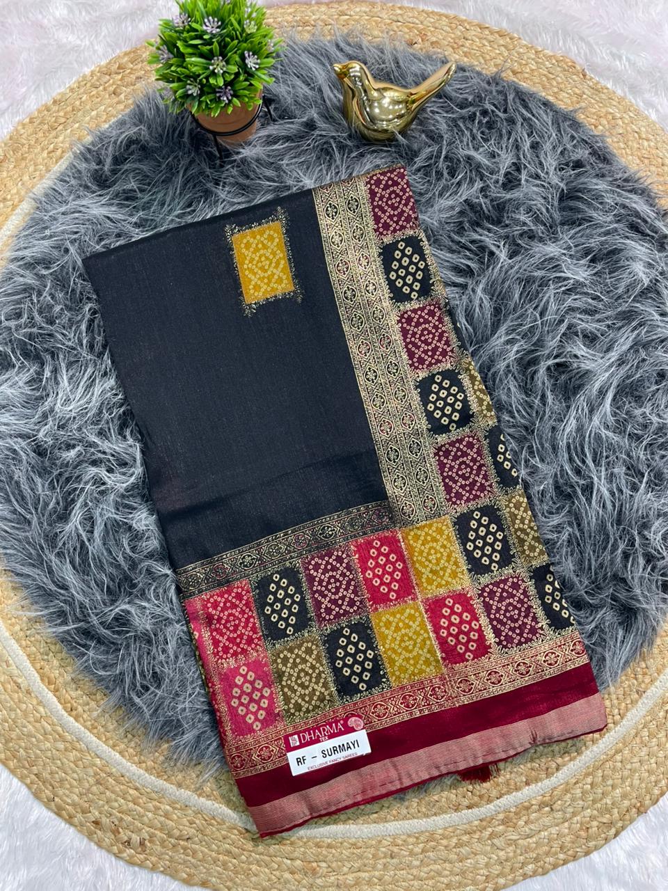 RF-SURMAYI FANCY FABRIC WITH BANDANI PRINT WITH FOIL WORK WITH PREMIUM COTTON FEEL WITH WORK BLOUSE