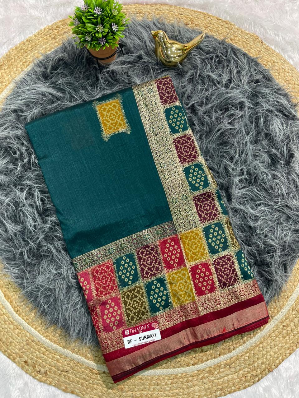 RF-SURMAYI FANCY FABRIC WITH BANDANI PRINT WITH FOIL WORK WITH PREMIUM COTTON FEEL WITH WORK BLOUSE