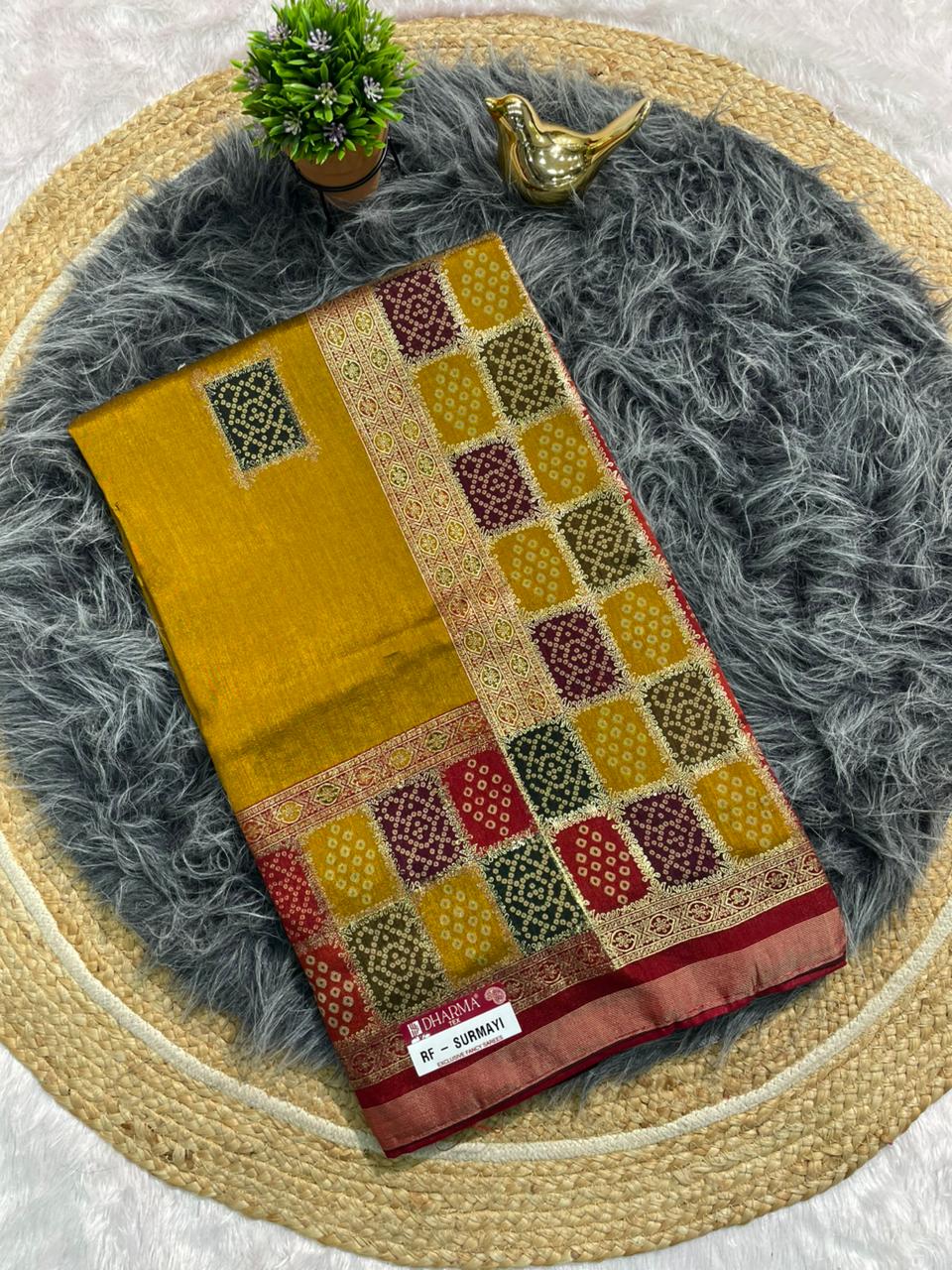 RF-SURMAYI FANCY FABRIC WITH BANDANI PRINT WITH FOIL WORK WITH PREMIUM COTTON FEEL WITH WORK BLOUSE