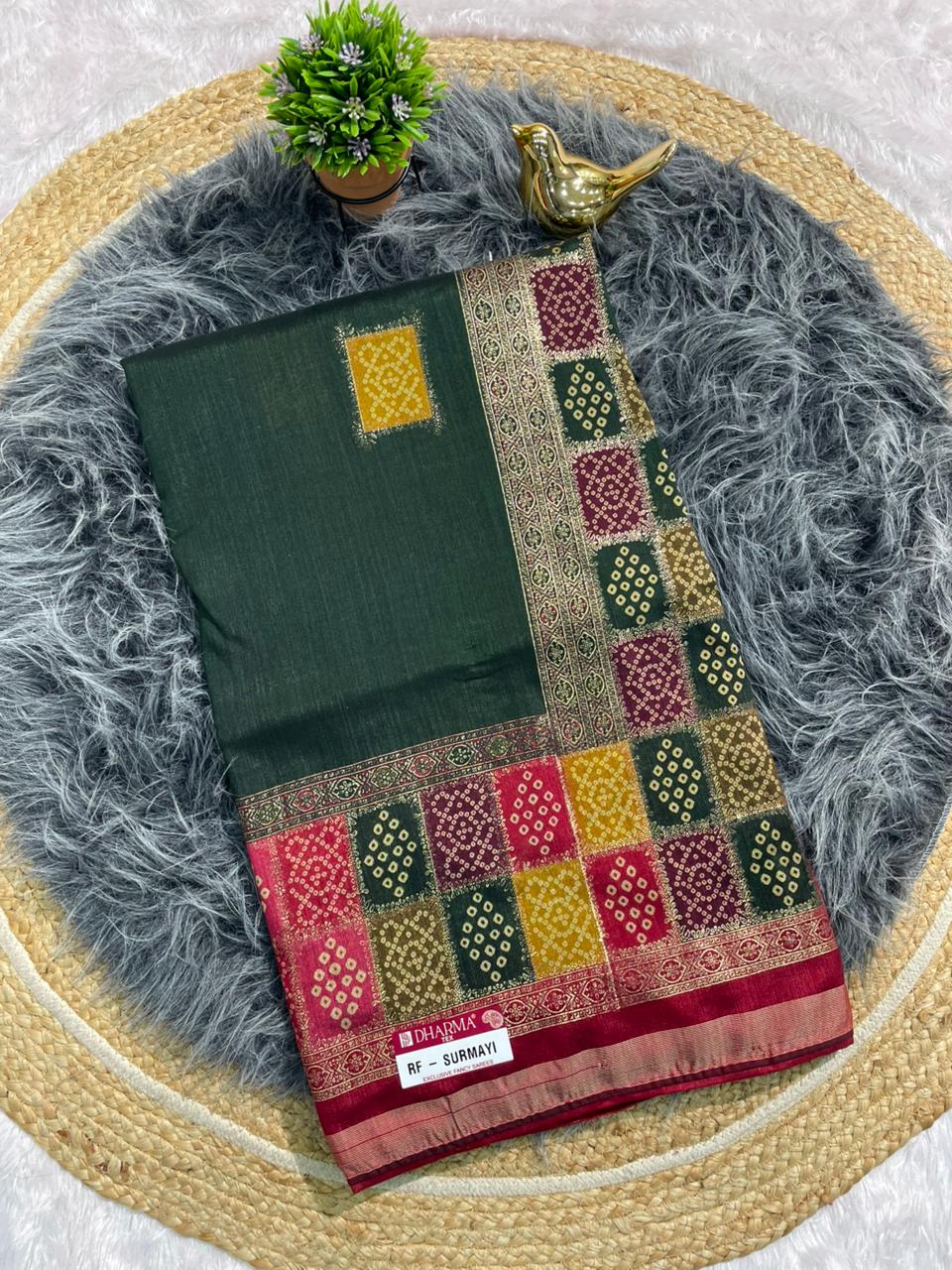 RF-SURMAYI FANCY FABRIC WITH BANDANI PRINT WITH FOIL WORK WITH PREMIUM COTTON FEEL WITH WORK BLOUSE