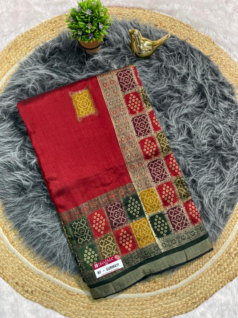 RF-SURMAYI FANCY FABRIC WITH BANDANI PRINT WITH FOIL WORK WITH PREMIUM COTTON FEEL WITH WORK BLOUSE