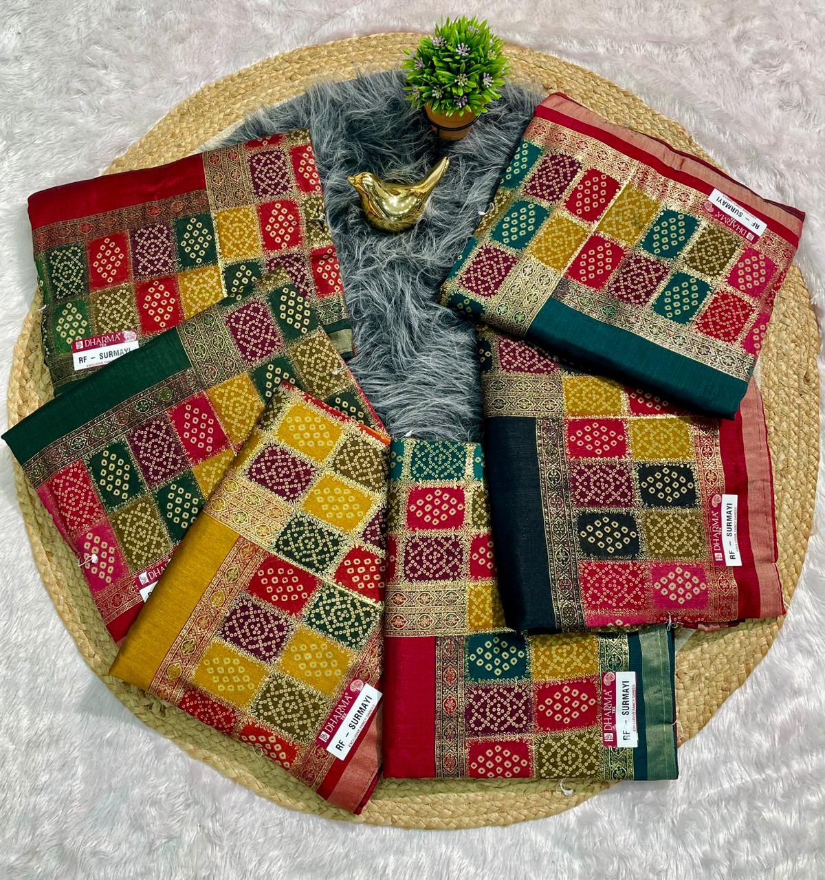 RF-SURMAYI FANCY FABRIC WITH BANDANI PRINT WITH FOIL WORK WITH PREMIUM COTTON FEEL WITH WORK BLOUSE
