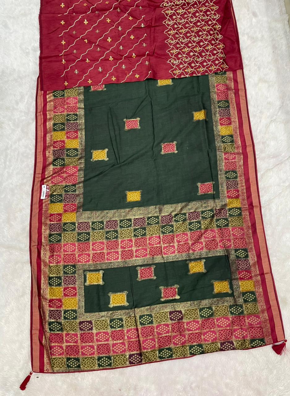 RF-SURMAYI FANCY FABRIC WITH BANDANI PRINT WITH FOIL WORK WITH PREMIUM COTTON FEEL WITH WORK BLOUSE