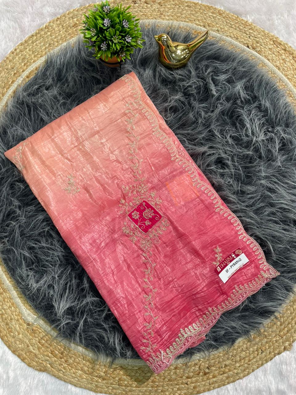 SF-PYRAMID GOLD CRUSH SILK WITH MULTI WORK C PALLU AND CUT WORK SAREE