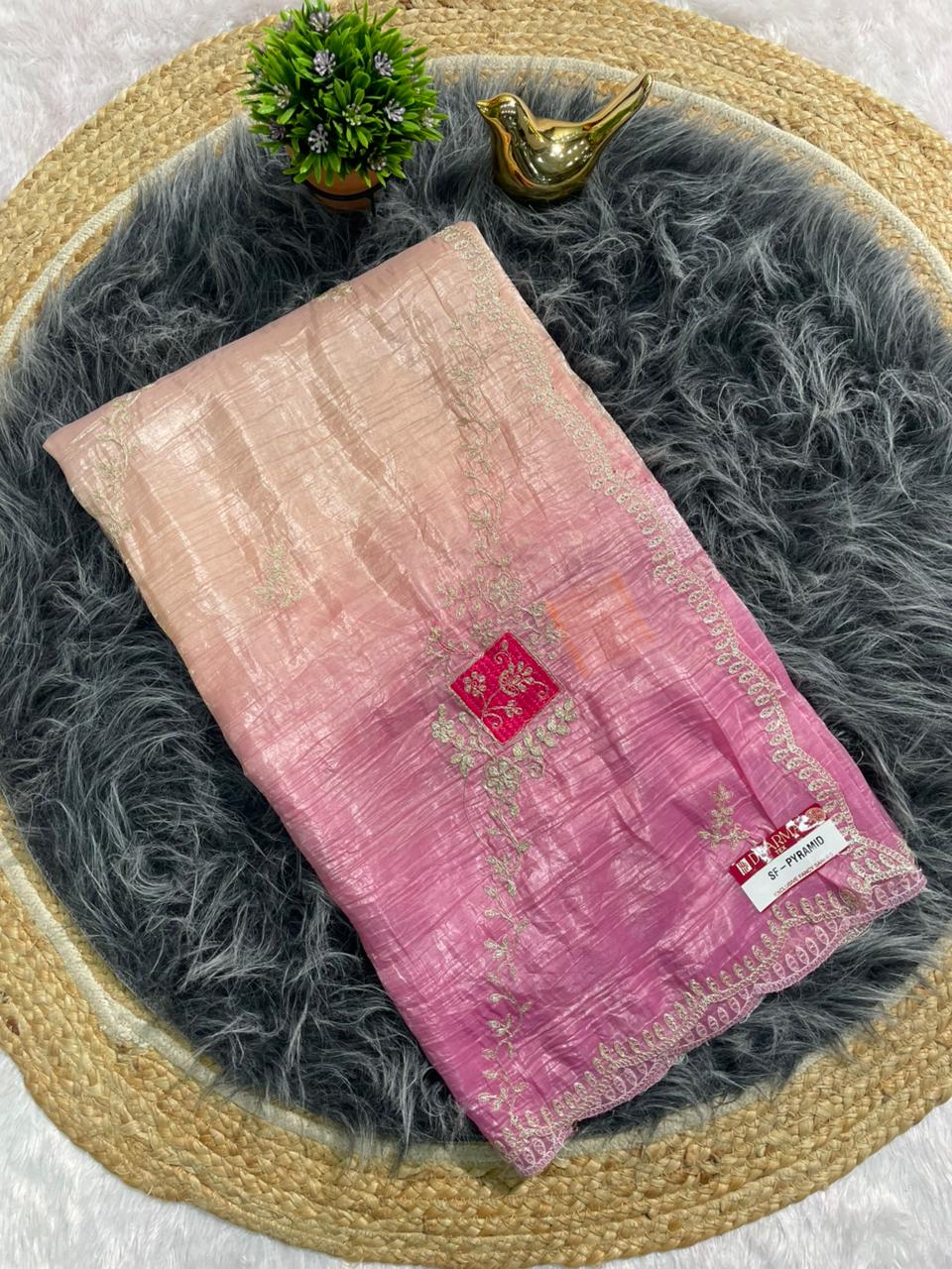 SF-PYRAMID GOLD CRUSH SILK WITH MULTI WORK C PALLU AND CUT WORK SAREE