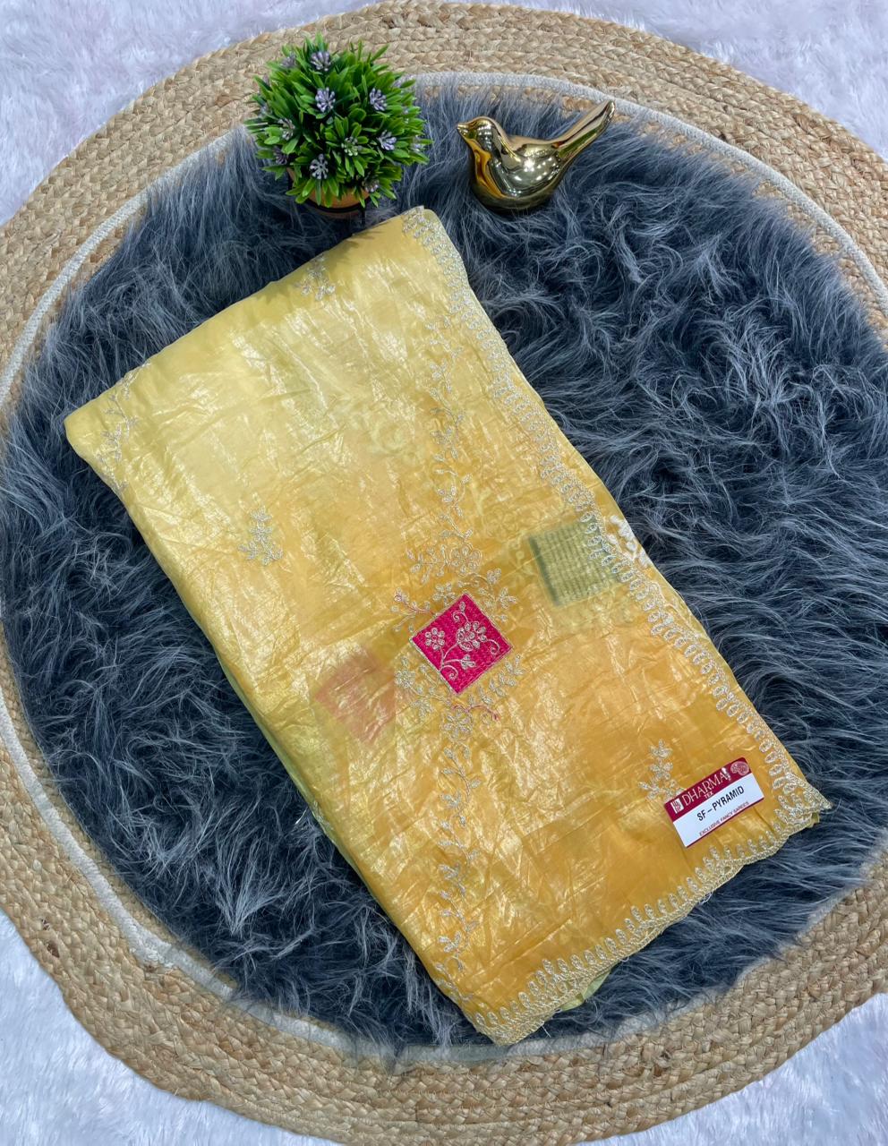 SF-PYRAMID GOLD CRUSH SILK WITH MULTI WORK C PALLU AND CUT WORK SAREE