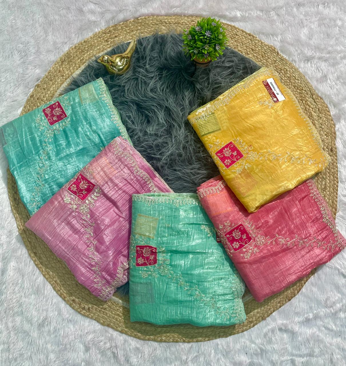 SF-PYRAMID GOLD CRUSH SILK WITH MULTI WORK C PALLU AND CUT WORK SAREE
