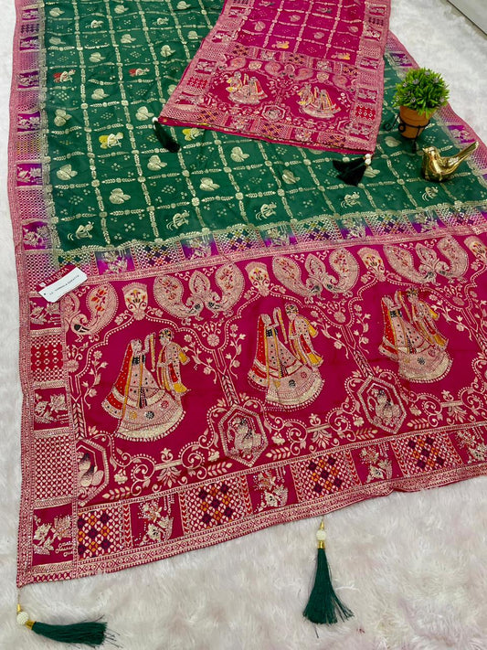 AJ-VARMALA DUPPATA DOLA SILK SAREE WITH RICH PALLU VARMALA JODA DESIGN WITH GHATCHOLA BANDANI DESIGN IN BODY WITH CHAAP DYING WITH DUPATTA