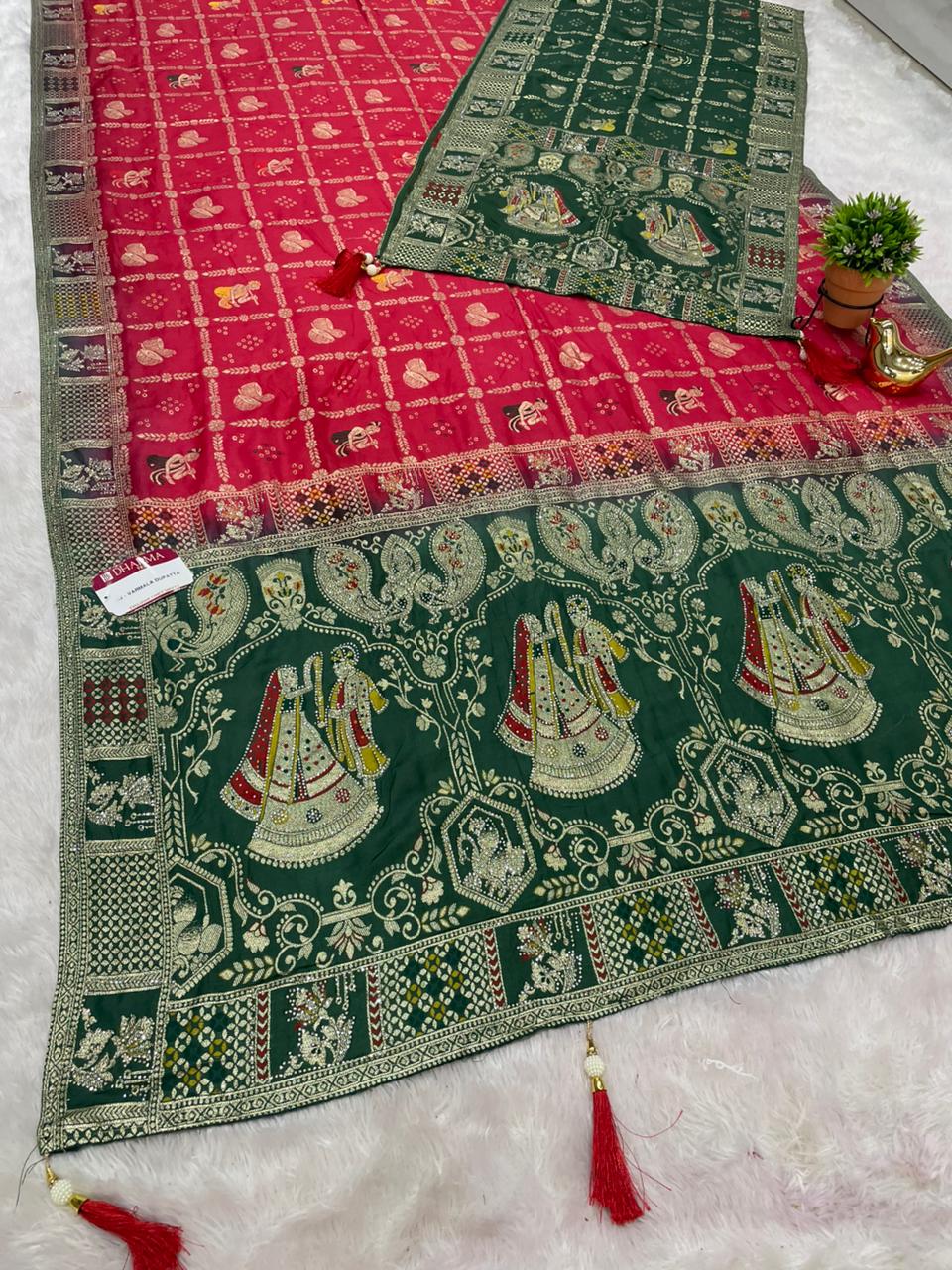 AJ-VARMALA DUPPATA DOLA SILK SAREE WITH RICH PALLU VARMALA JODA DESIGN WITH GHATCHOLA BANDANI DESIGN IN BODY WITH CHAAP DYING WITH DUPATTA