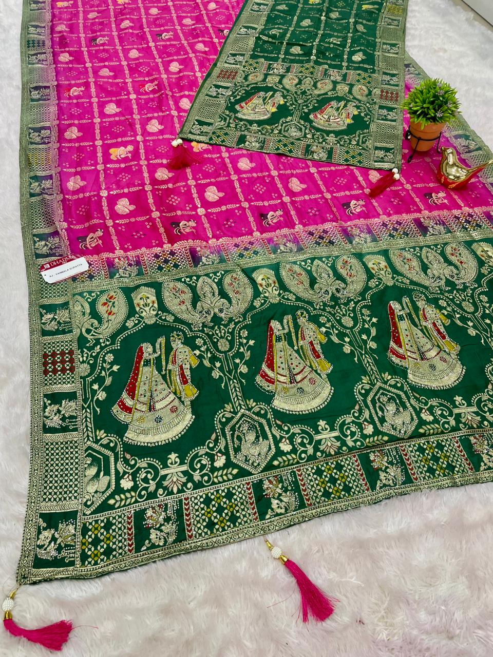AJ-VARMALA DUPPATA DOLA SILK SAREE WITH RICH PALLU VARMALA JODA DESIGN WITH GHATCHOLA BANDANI DESIGN IN BODY WITH CHAAP DYING WITH DUPATTA