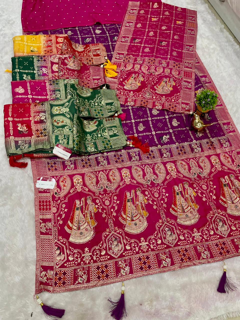 AJ-VARMALA DUPPATA DOLA SILK SAREE WITH RICH PALLU VARMALA JODA DESIGN WITH GHATCHOLA BANDANI DESIGN IN BODY WITH CHAAP DYING WITH DUPATTA