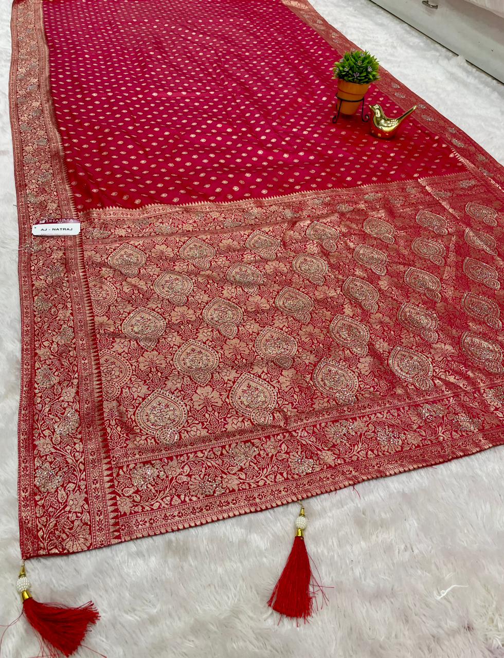 AJ-NATRAJ SATIN SILK FABRIC SAREE WIRH HEAVY SIROSKI WORK ON SAREE WITH BUTTI DESIGN ON ALL OVER ON BODY WITH LUXURIOUS TASSELS WITH BLOUSE