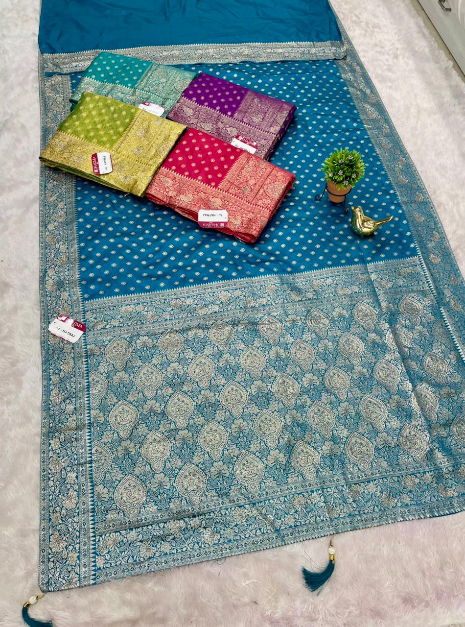 AJ-NATRAJ SATIN SILK FABRIC SAREE WIRH HEAVY SIROSKI WORK ON SAREE WITH BUTTI DESIGN ON ALL OVER ON BODY WITH LUXURIOUS TASSELS WITH BLOUSE