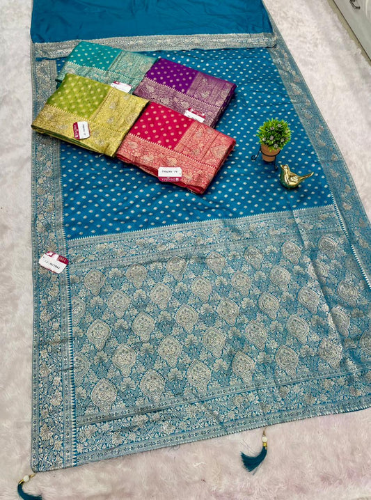 AJ-NATRAJ SATIN SILK FABRIC SAREE WIRH HEAVY SIROSKI WORK ON SAREE WITH BUTTI DESIGN ON ALL OVER ON BODY WITH LUXURIOUS TASSELS WITH BLOUSE