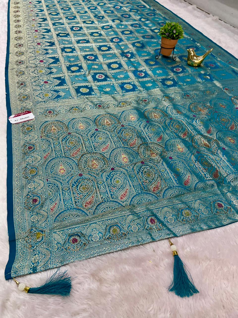 AJ-RAJAVI SATIN FABRIC SAREE WITH BEAUTIFUL DESIGN WITH HEAVY JARKAN WORK WITH BEAUTIFUL RICH PALLU DESIGN WITH GHATCHOLA DESIGN AND LUXURIOUS TASSELS WITH BLOUSE