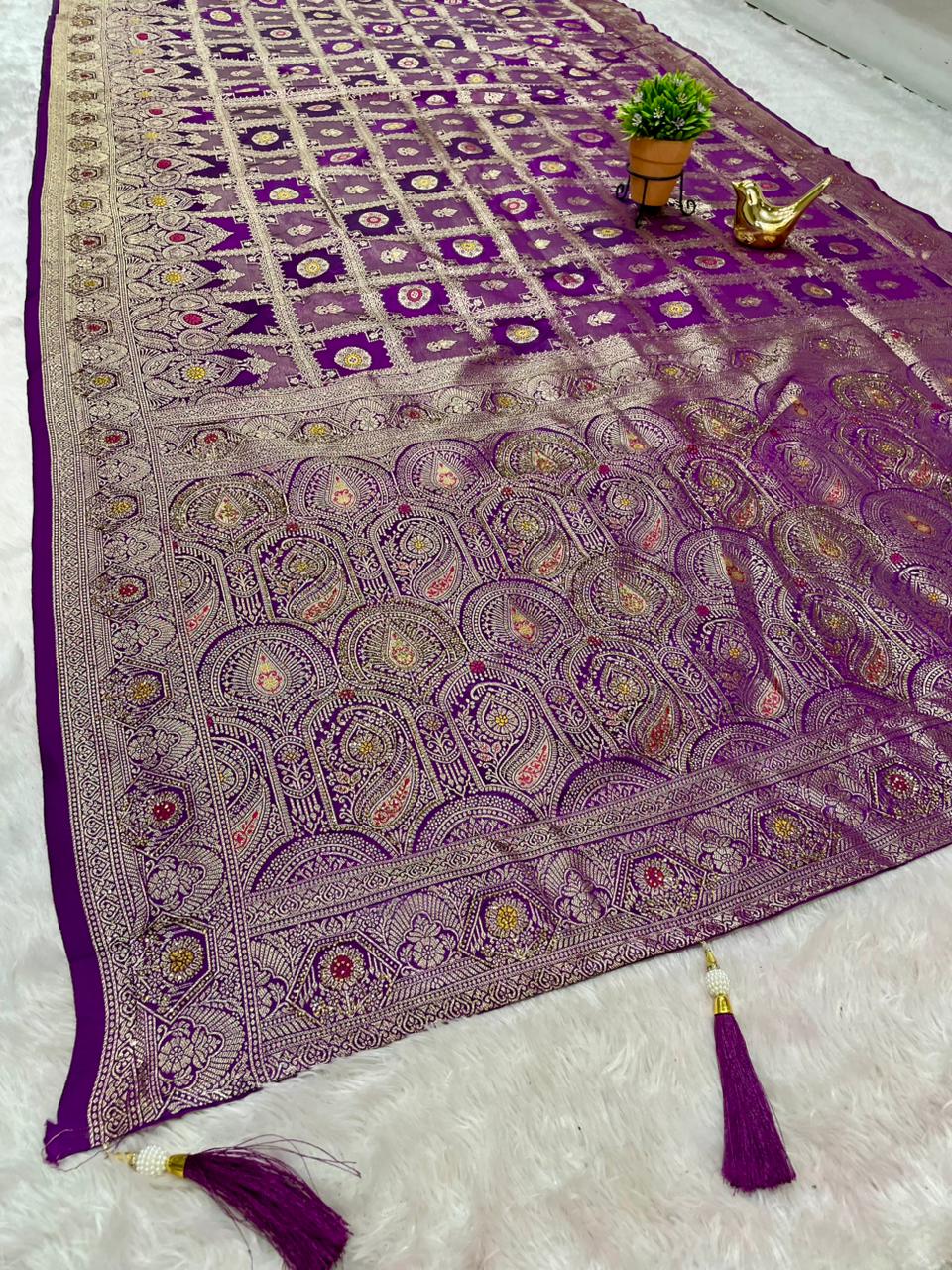 AJ-RAJAVI SATIN FABRIC SAREE WITH BEAUTIFUL DESIGN WITH HEAVY JARKAN WORK WITH BEAUTIFUL RICH PALLU DESIGN WITH GHATCHOLA DESIGN AND LUXURIOUS TASSELS WITH BLOUSE
