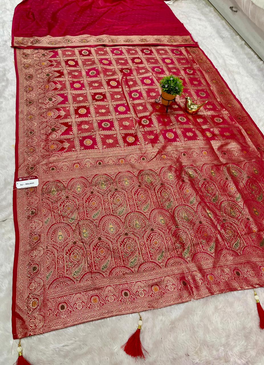AJ-RAJAVI SATIN FABRIC SAREE WITH BEAUTIFUL DESIGN WITH HEAVY JARKAN WORK WITH BEAUTIFUL RICH PALLU DESIGN WITH GHATCHOLA DESIGN AND LUXURIOUS TASSELS WITH BLOUSE
