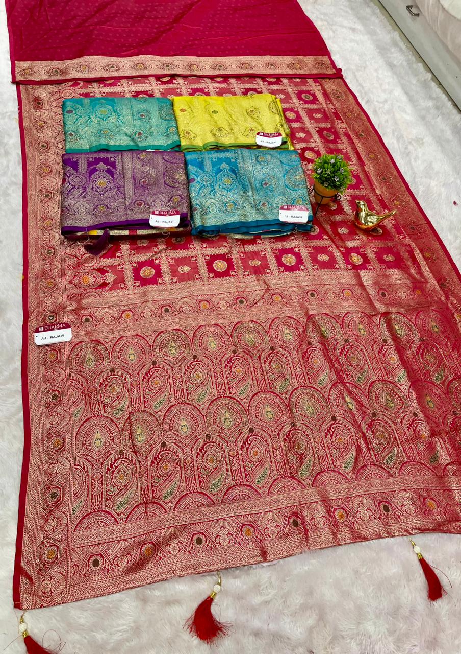 AJ-RAJAVI SATIN FABRIC SAREE WITH BEAUTIFUL DESIGN WITH HEAVY JARKAN WORK WITH BEAUTIFUL RICH PALLU DESIGN WITH GHATCHOLA DESIGN AND LUXURIOUS TASSELS WITH BLOUSE