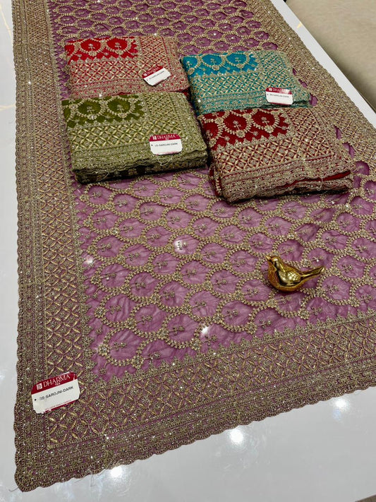BS-SAROJNI DARK PREMIUM NET FABRIC SAREE WITH HEAVY JHAL DESIGN WITH HEAVY EMBROIDERY WORK WITH DIAMOND WORK AND HEAVY BLOUSE