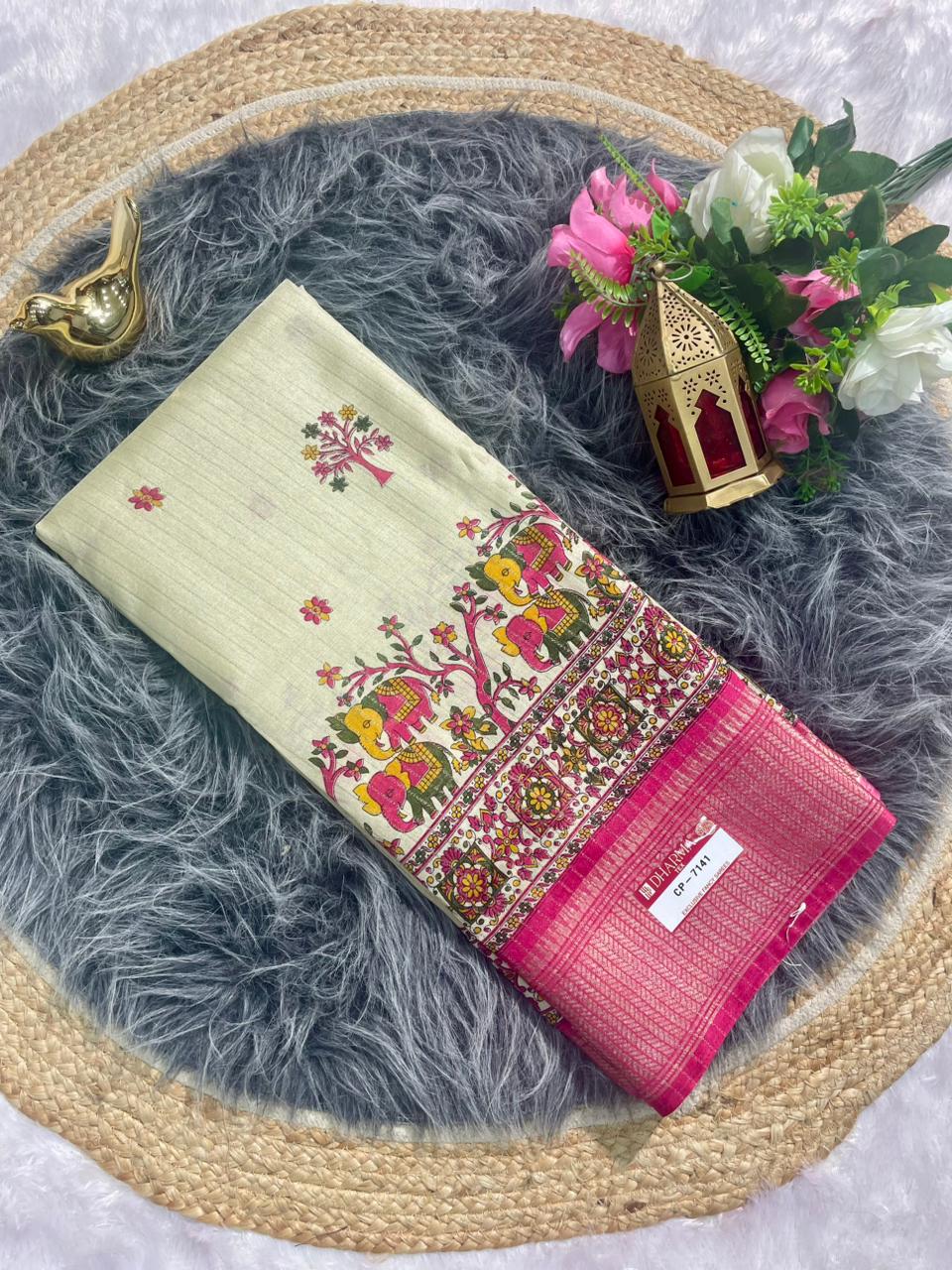 CP-7141 MAL COTTON SAREE WITH BEAUTIFUL GAJRAJ PRINT WITH RICH PALLU AND VIRAL DESIGN WITH JACAURD BORDER WITH BLOUSE
