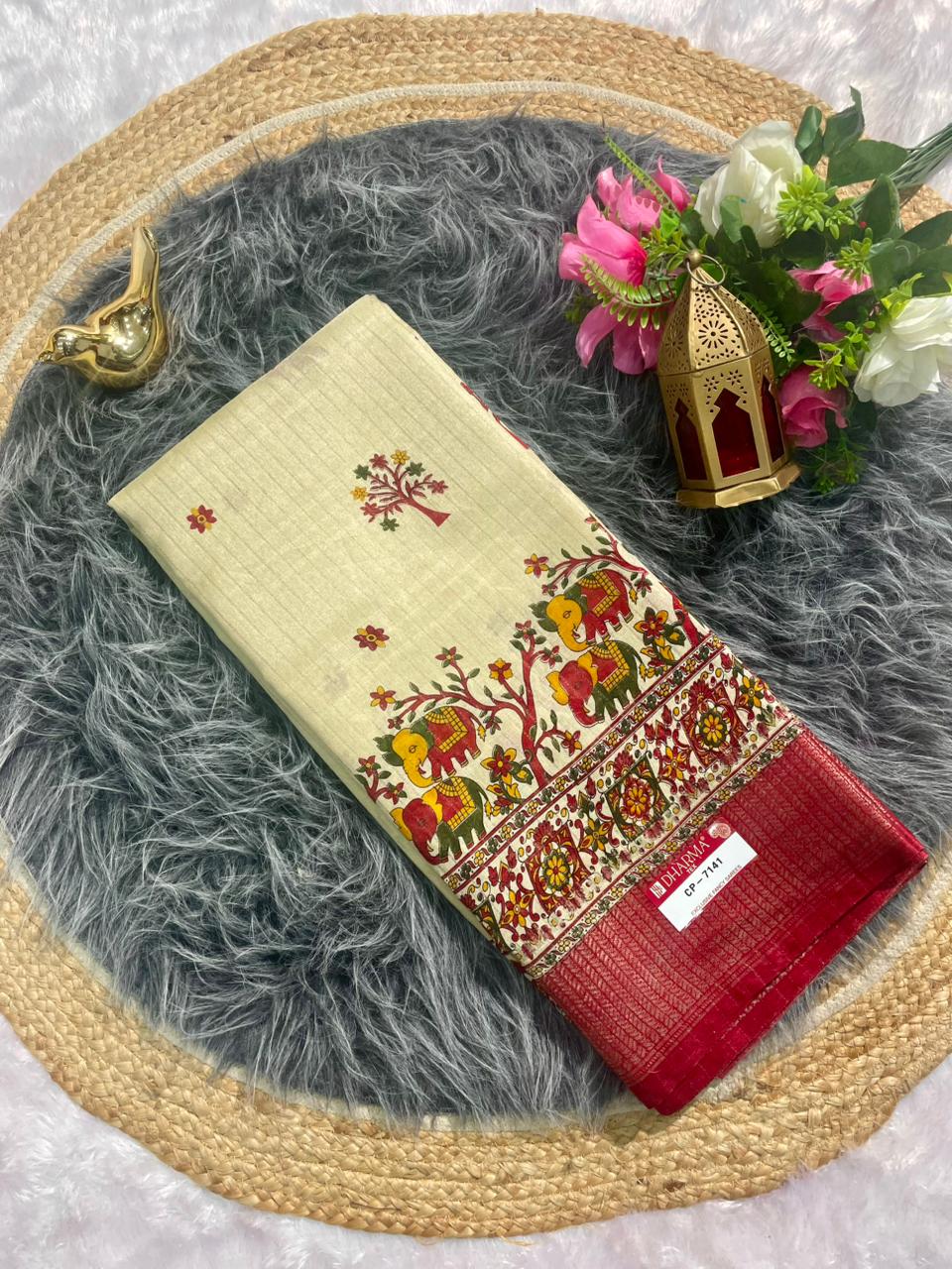 CP-7141 MAL COTTON SAREE WITH BEAUTIFUL GAJRAJ PRINT WITH RICH PALLU AND VIRAL DESIGN WITH JACAURD BORDER WITH BLOUSE