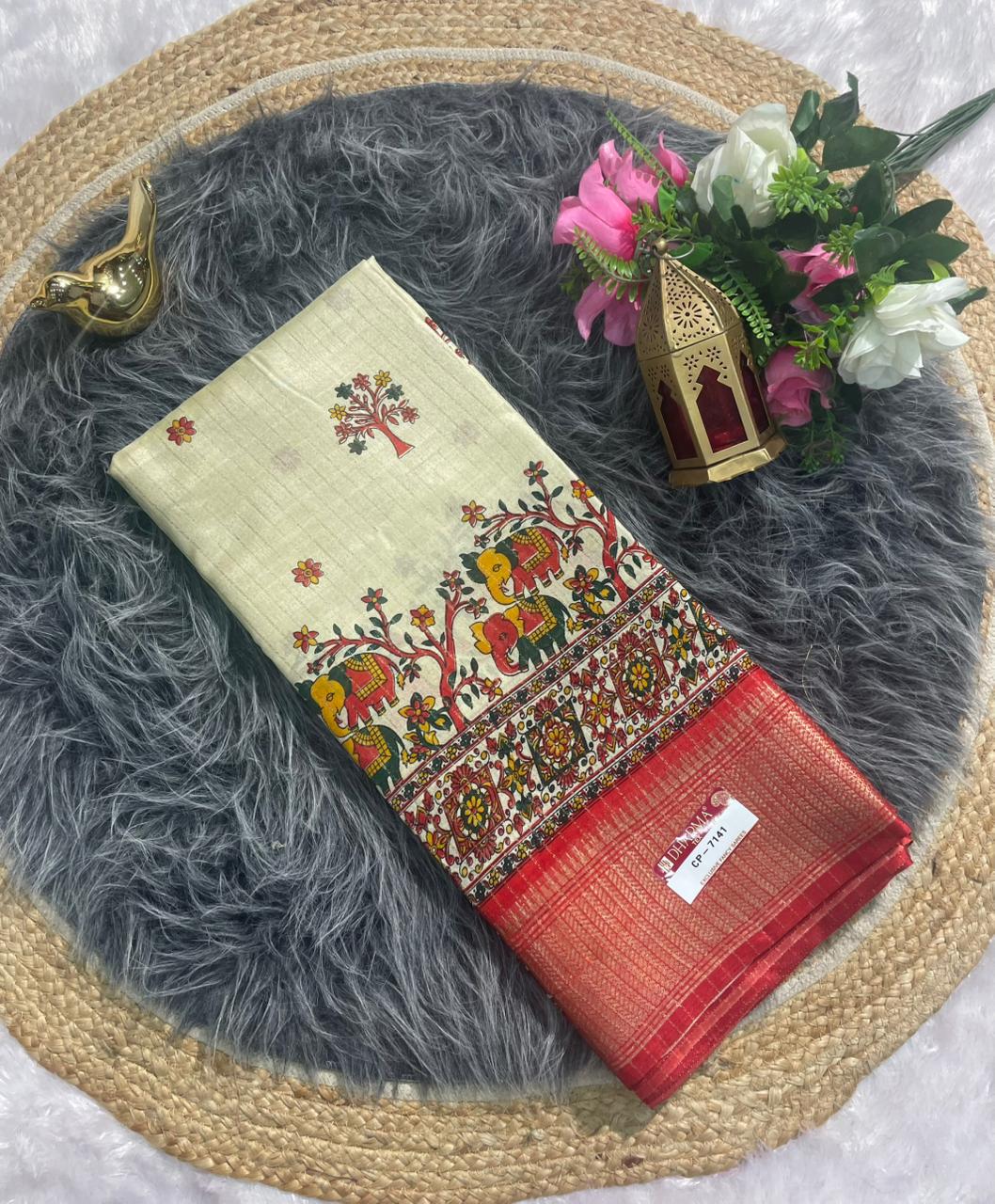 CP-7141 MAL COTTON SAREE WITH BEAUTIFUL GAJRAJ PRINT WITH RICH PALLU AND VIRAL DESIGN WITH JACAURD BORDER WITH BLOUSE