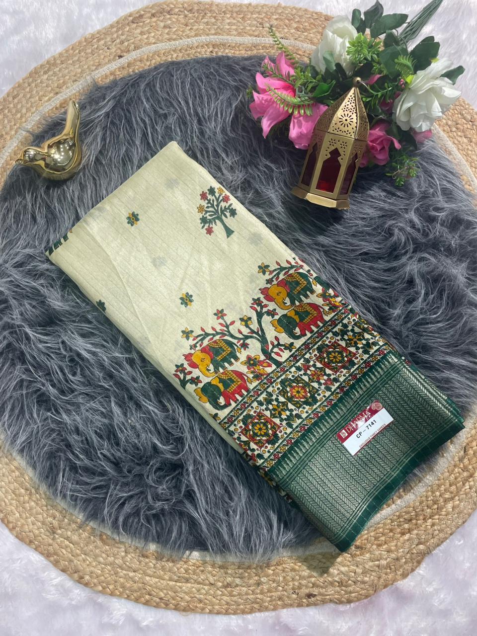 CP-7141 MAL COTTON SAREE WITH BEAUTIFUL GAJRAJ PRINT WITH RICH PALLU AND VIRAL DESIGN WITH JACAURD BORDER WITH BLOUSE