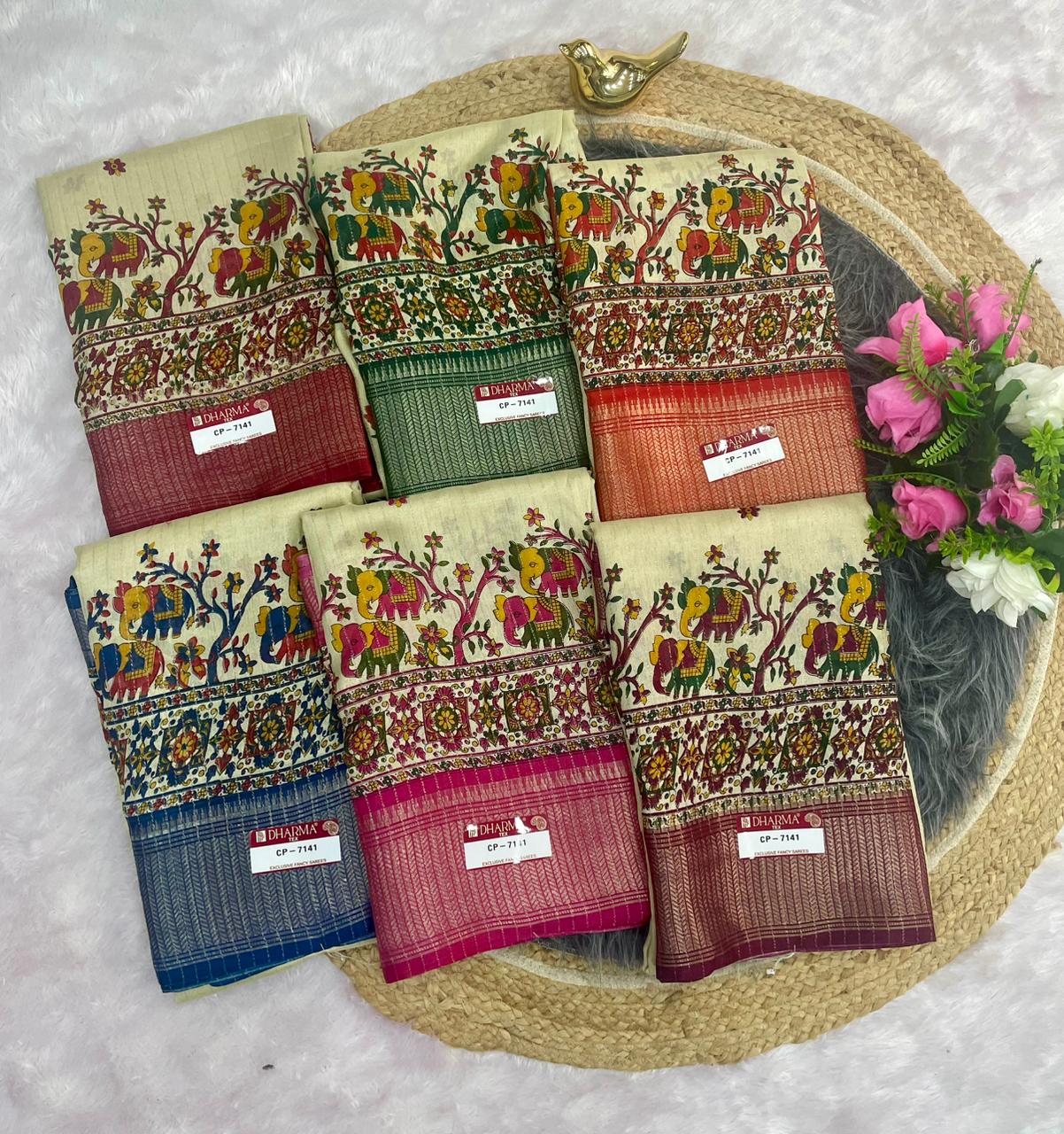 CP-7141 MAL COTTON SAREE WITH BEAUTIFUL GAJRAJ PRINT WITH RICH PALLU AND VIRAL DESIGN WITH JACAURD BORDER WITH BLOUSE