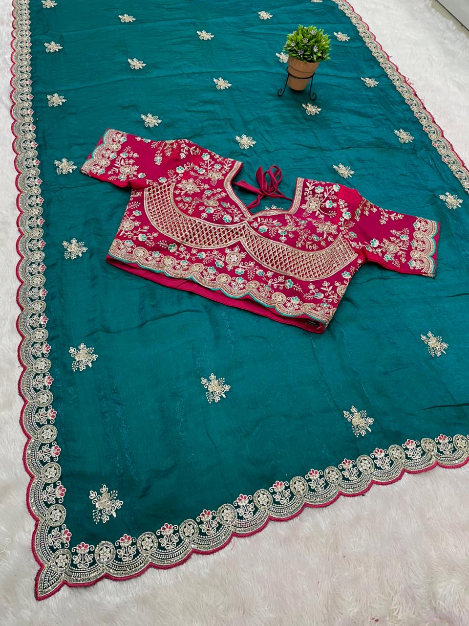 BS-SONY SATIN FABRIC SAREE WITH BEAUTIFUL DESIGN WITH EMBROIDERY WORK WITH HEAVY JARKAN WORK ON SAREE WITH CUTWORK AND TRENDING SAREE WITH HEAVY STICHED BLOUSE