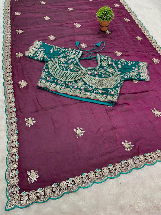BS-SONY SATIN FABRIC SAREE WITH BEAUTIFUL DESIGN WITH EMBROIDERY WORK WITH HEAVY JARKAN WORK ON SAREE WITH CUTWORK AND TRENDING SAREE WITH HEAVY STICHED BLOUSE
