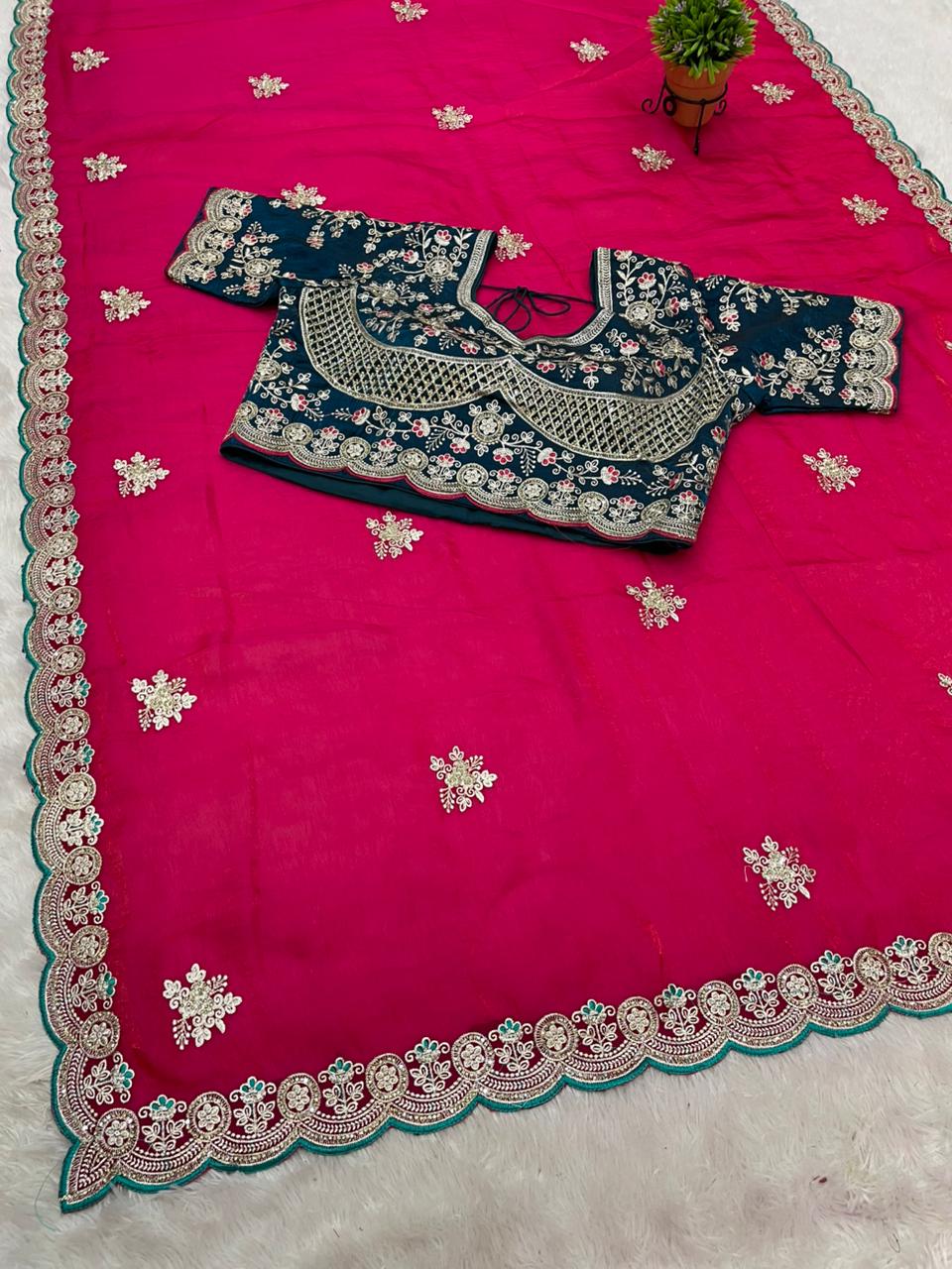 BS-SONY SATIN FABRIC SAREE WITH BEAUTIFUL DESIGN WITH EMBROIDERY WORK WITH HEAVY JARKAN WORK ON SAREE WITH CUTWORK AND TRENDING SAREE WITH HEAVY STICHED BLOUSE