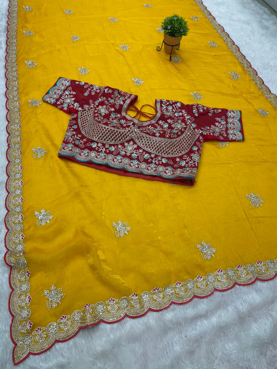BS-SONY SATIN FABRIC SAREE WITH BEAUTIFUL DESIGN WITH EMBROIDERY WORK WITH HEAVY JARKAN WORK ON SAREE WITH CUTWORK AND TRENDING SAREE WITH HEAVY STICHED BLOUSE