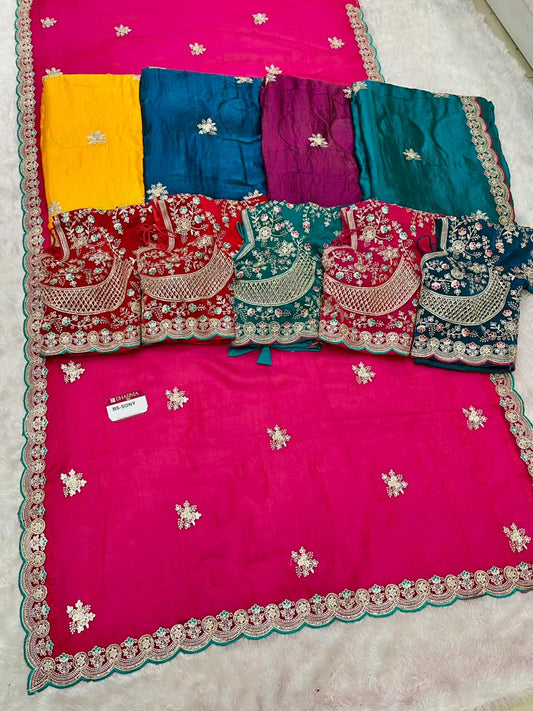 BS-SONY SATIN FABRIC SAREE WITH BEAUTIFUL DESIGN WITH EMBROIDERY WORK WITH HEAVY JARKAN WORK ON SAREE WITH CUTWORK AND TRENDING SAREE WITH HEAVY STICHED BLOUSE