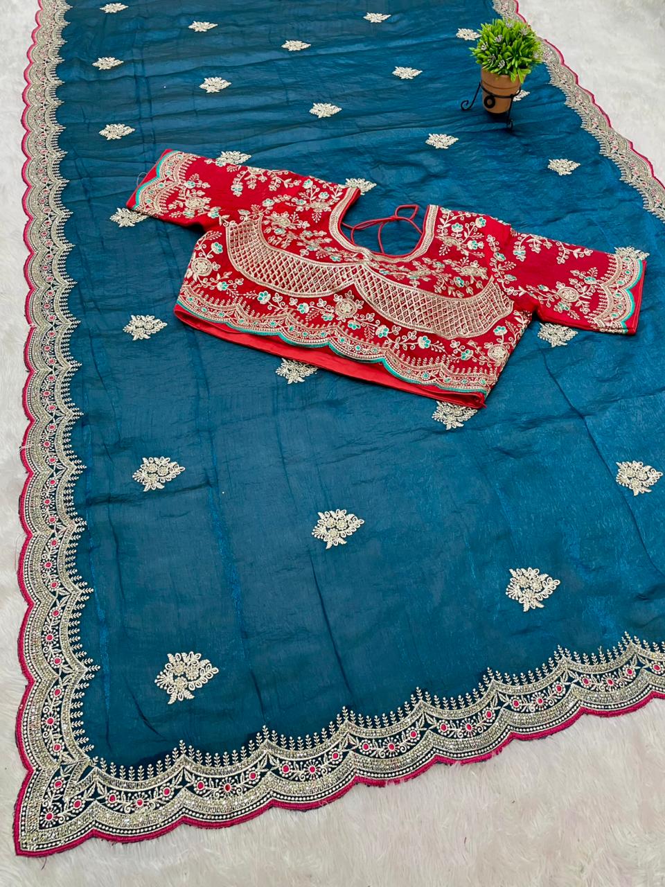 BS-ROHINI SATIN FABRIC SAREE WITH BEAUTIFUL DESIGN WITH EMBROIDERY WORK WITH HEAVY JARKAN WORK ON SAREE WITH CUTWORK AND TRENDING SAREE WITH HEAVY STICHED BLOUSE