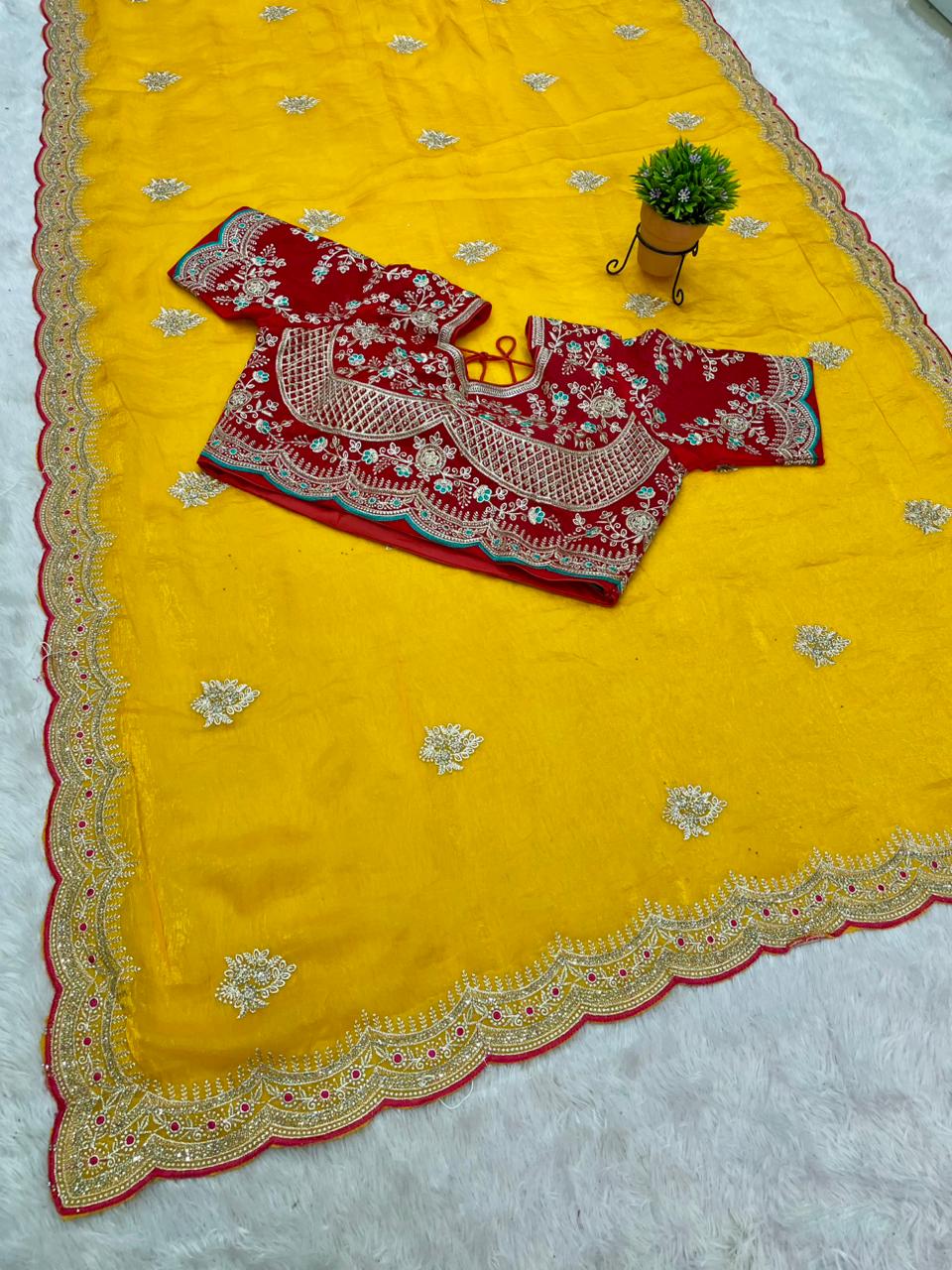 BS-ROHINI SATIN FABRIC SAREE WITH BEAUTIFUL DESIGN WITH EMBROIDERY WORK WITH HEAVY JARKAN WORK ON SAREE WITH CUTWORK AND TRENDING SAREE WITH HEAVY STICHED BLOUSE