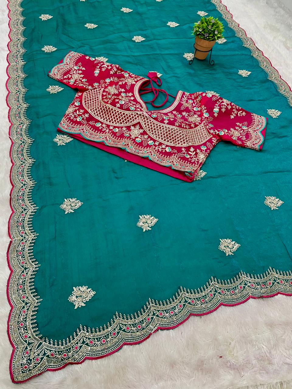 BS-ROHINI SATIN FABRIC SAREE WITH BEAUTIFUL DESIGN WITH EMBROIDERY WORK WITH HEAVY JARKAN WORK ON SAREE WITH CUTWORK AND TRENDING SAREE WITH HEAVY STICHED BLOUSE