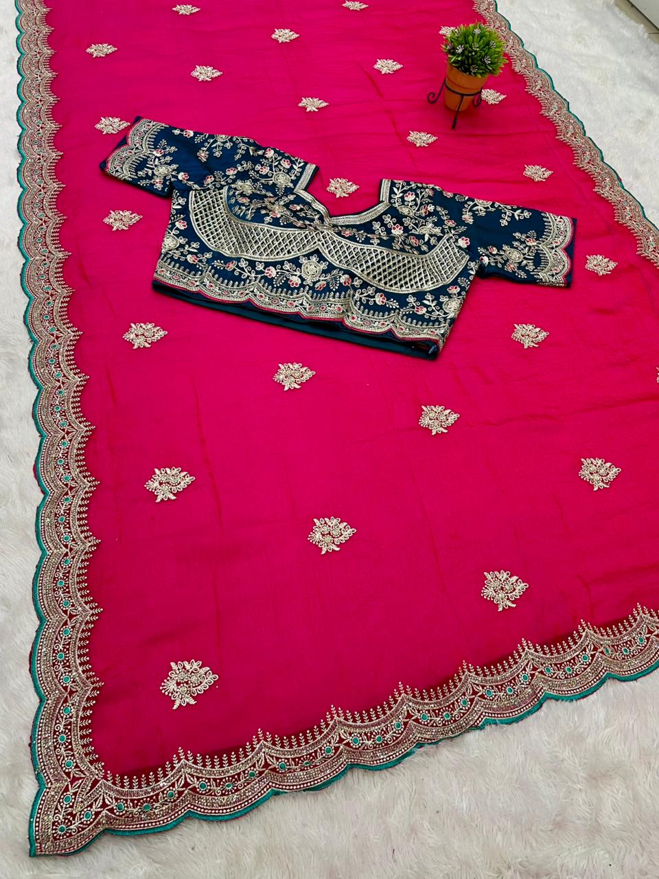 BS-ROHINI SATIN FABRIC SAREE WITH BEAUTIFUL DESIGN WITH EMBROIDERY WORK WITH HEAVY JARKAN WORK ON SAREE WITH CUTWORK AND TRENDING SAREE WITH HEAVY STICHED BLOUSE