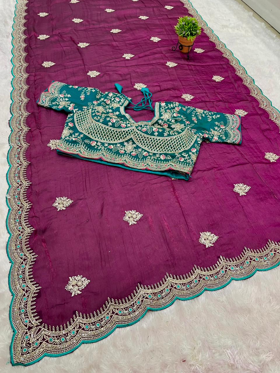 BS-ROHINI SATIN FABRIC SAREE WITH BEAUTIFUL DESIGN WITH EMBROIDERY WORK WITH HEAVY JARKAN WORK ON SAREE WITH CUTWORK AND TRENDING SAREE WITH HEAVY STICHED BLOUSE